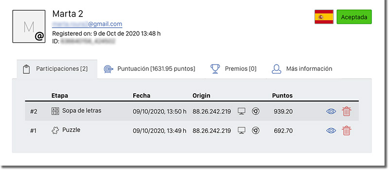 información de un participante