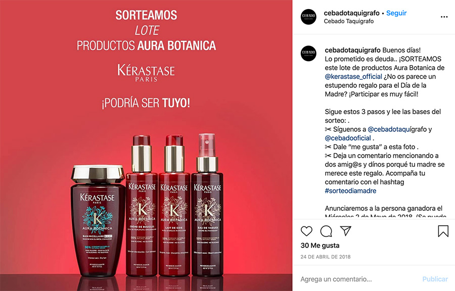 ejemplo de sorteo del Día de la Madre en Instagram