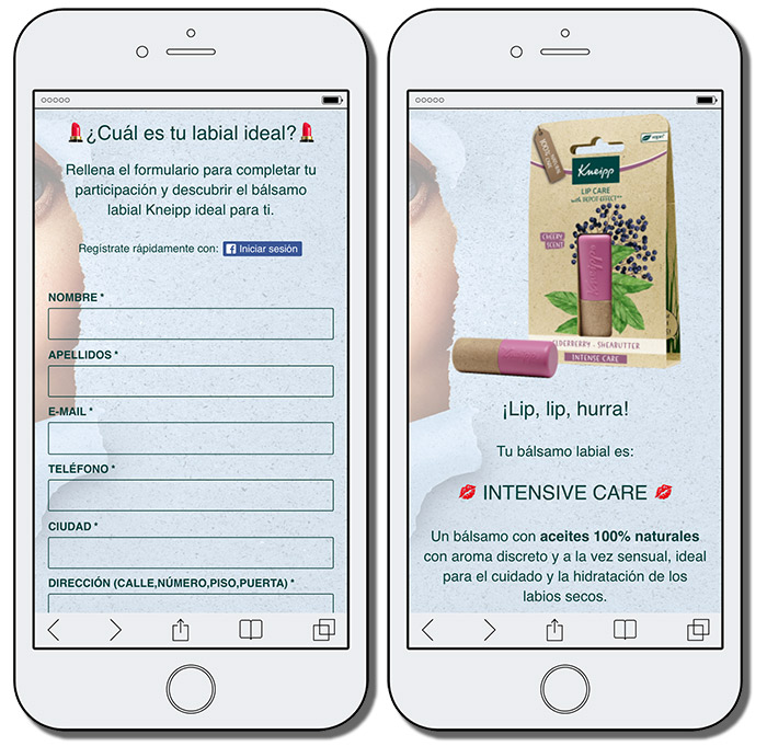 fomrulario de registro promoción kneipp y mensaje final con producto recomendado
