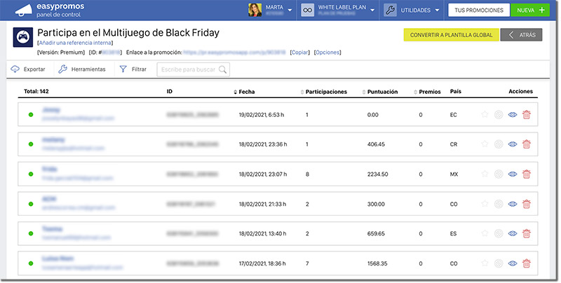 gestor de usuarios de una promoción Easypromos