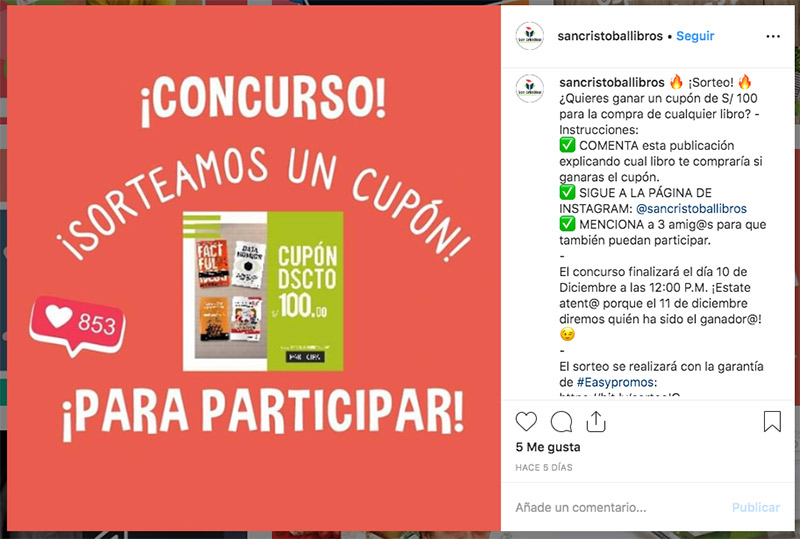 ejemplo de sorteo en instagram de un cupón