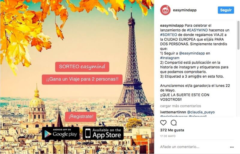 anuncios de cruceros: ejemplo de un sorteo en instagram