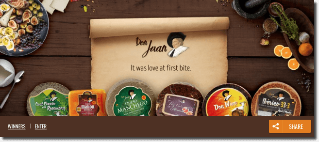 The image shows an old parchment scroll on a wooden table, surrounded by food and Don Juan products. The scroll reads: "Don Juan. It was love at first bite."