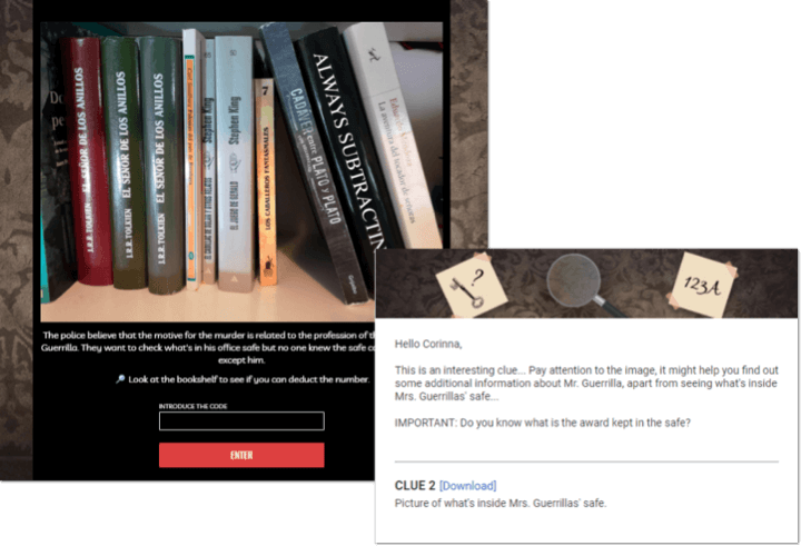 Screenshot of a puzzle from the classic escape room, where users have to figure out a code from a shelf full of books. The screenshot shows the email sent once users have found the code, giving them another clue to the overall puzzle.