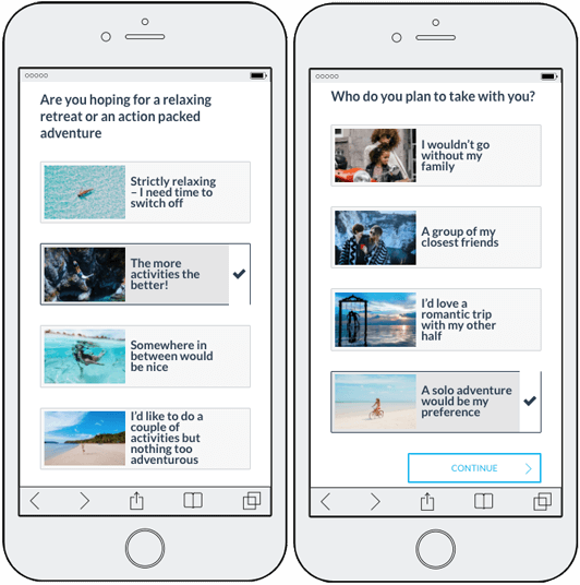 Image of product recommender showing examples of questions asked to users
